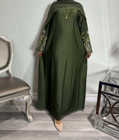 Green Floral Embroidered Sleeve Abaya