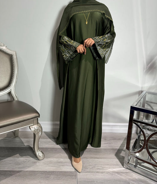 Green Floral Embroidered Sleeve Abaya