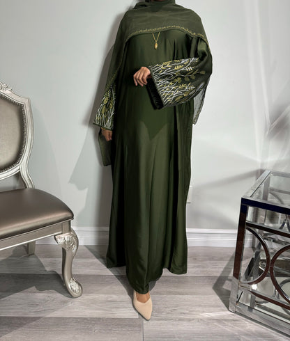 Green Floral Embroidered Sleeve Abaya